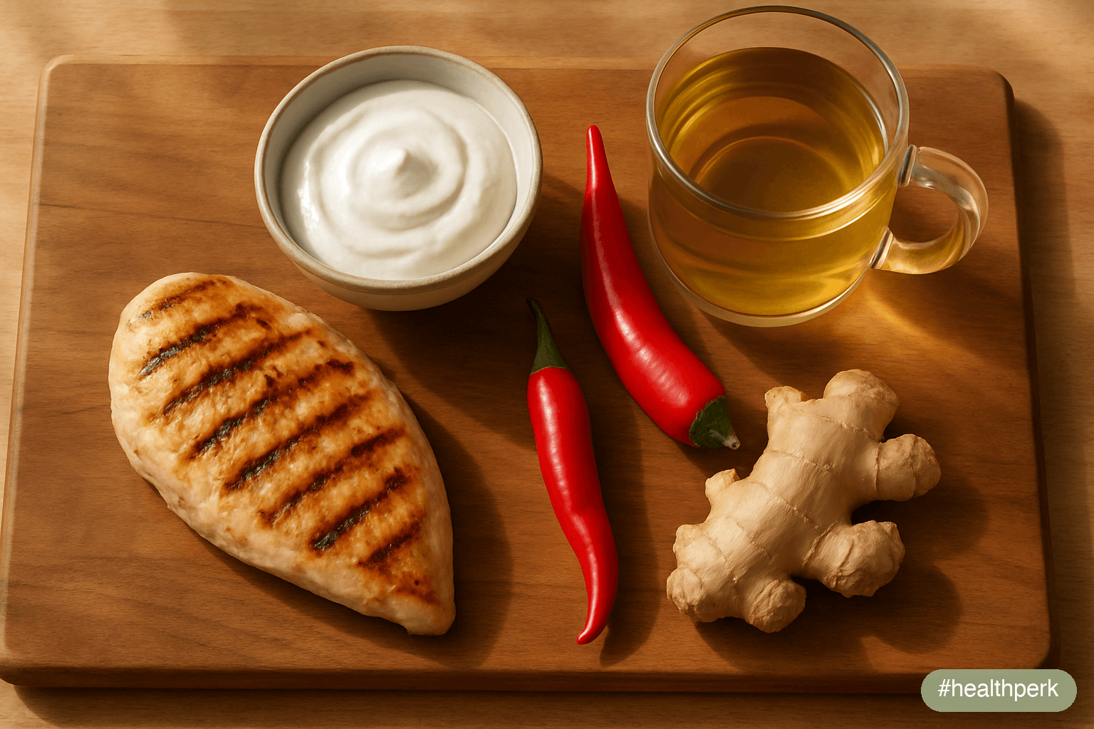 Photo of a wooden board with grilled chicken breast, a bowl of Greek yogurt, a chili pepper, ginger root, a glass mug of green tea, soft daylight — illustrating foods that boost metabolism naturally t