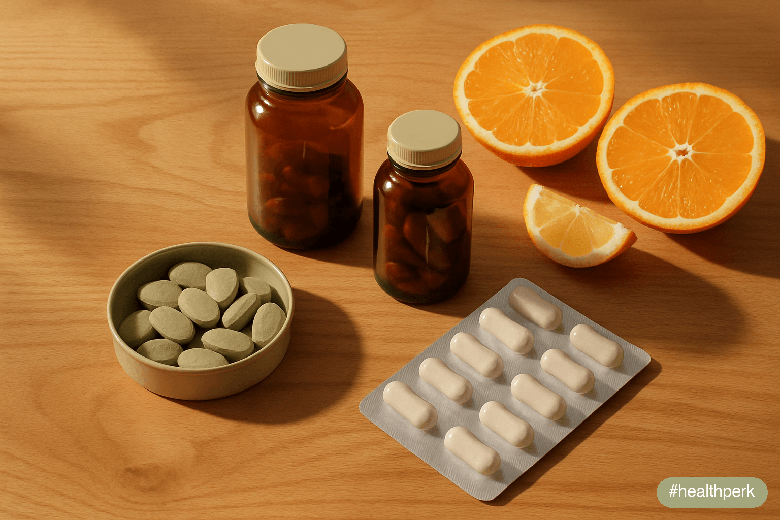 Photo of a wooden countertop with amber glass bottles of vitamin D, zinc lozenges, a probiotic capsule blister pack, and citrus fruit — illustrating the best supplements for immune system support base