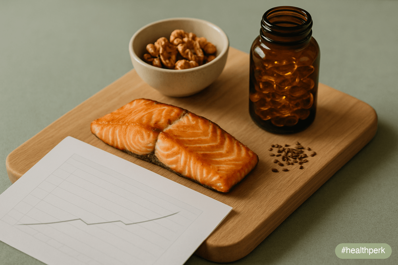 Photo of a wooden cutting board with a portion of grilled salmon, a small bowl of walnuts, a few flax seeds, and an amber bottle of fish oil softgels alongside a printed lab report showing an omega-3