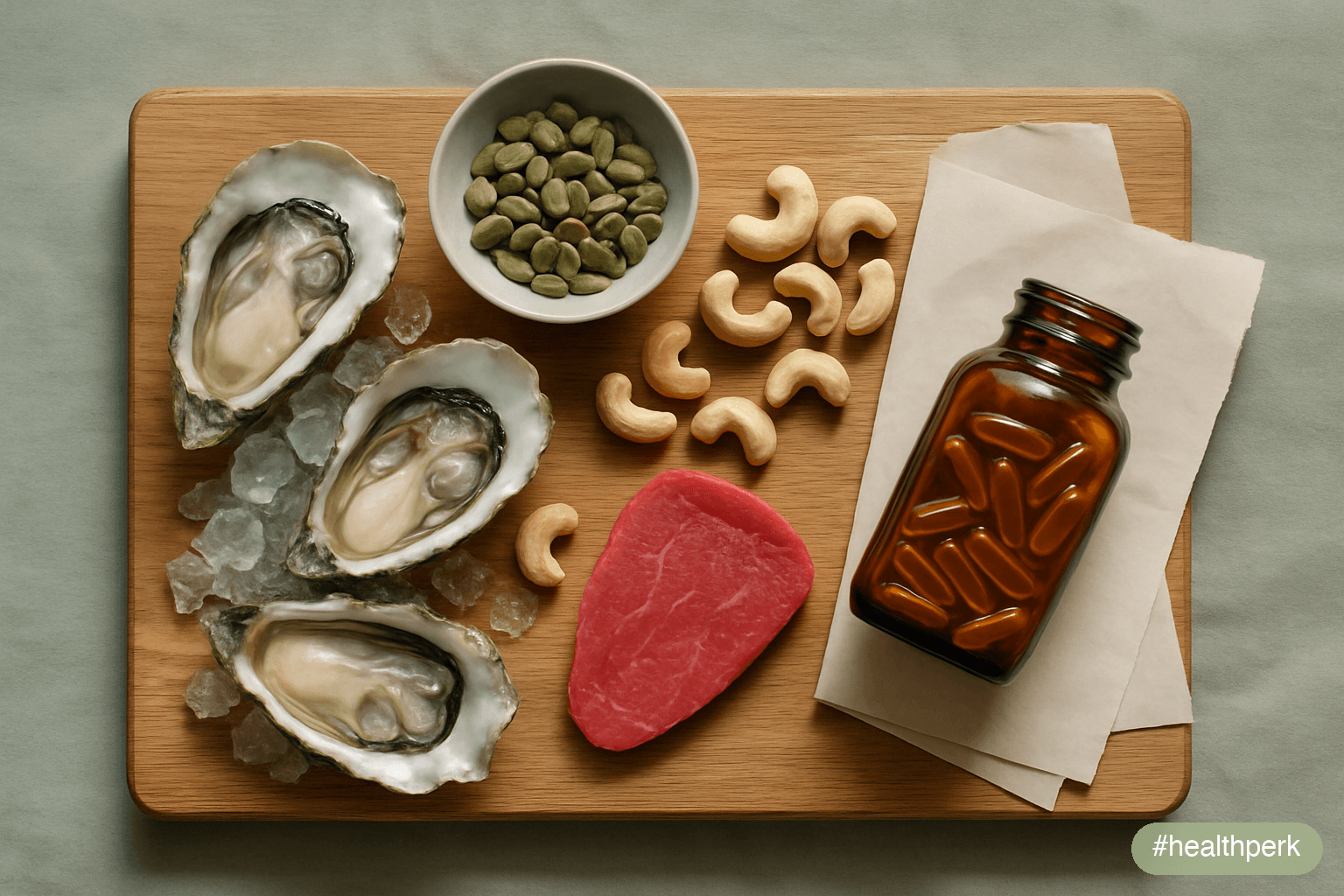 Photo of a wooden cutting board with oysters on the half shell, a small dish of pumpkin seeds, a few cashews, a portion of beef, and an amber bottle of zinc bisglycinate capsules alongside a printed l