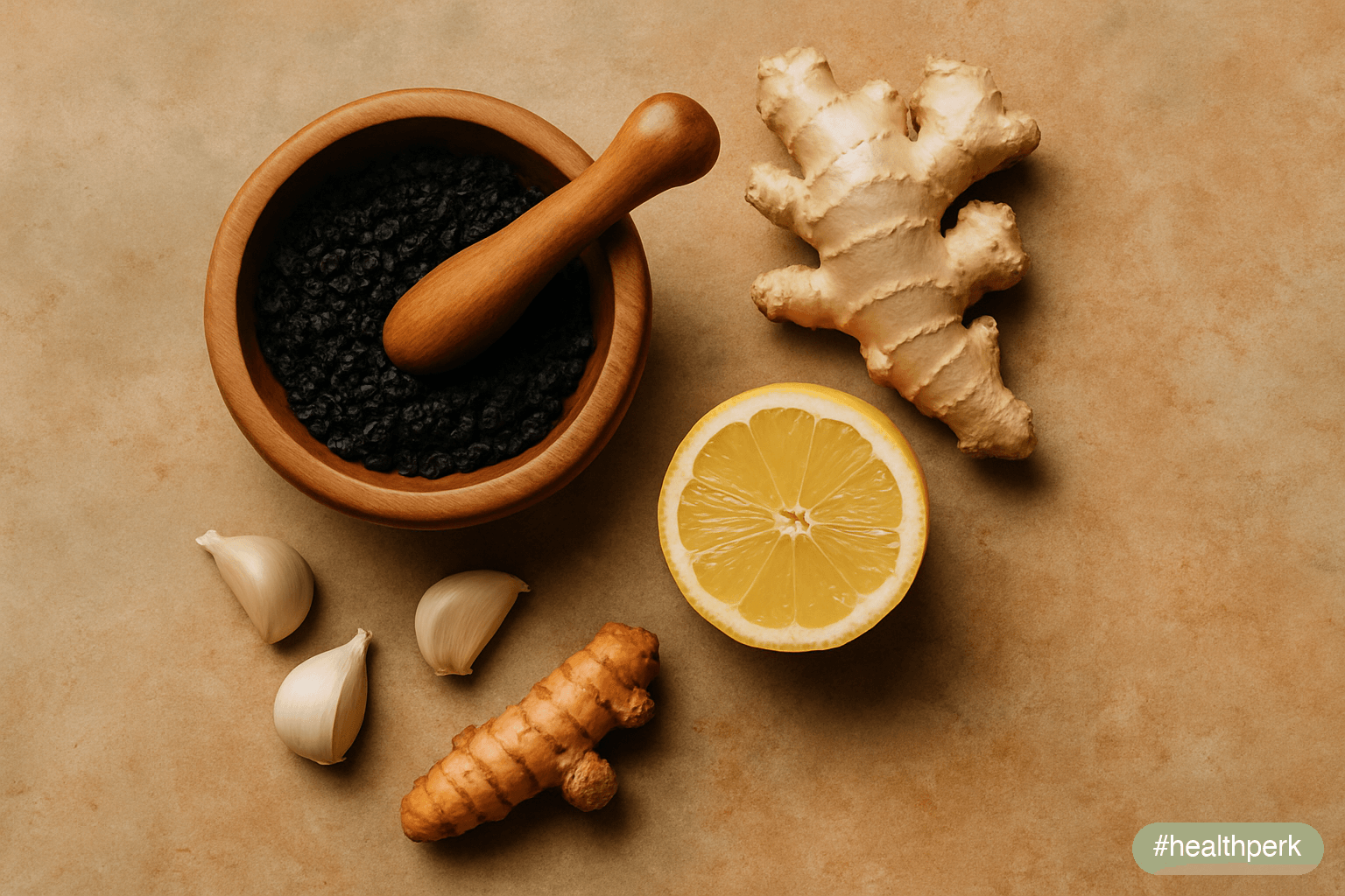 Photo of a wooden mortar and pestle next to elderberry, ginger, garlic, turmeric, and a sliced lemon — illustrating natural supplements for immunity from traditional and herbal sources