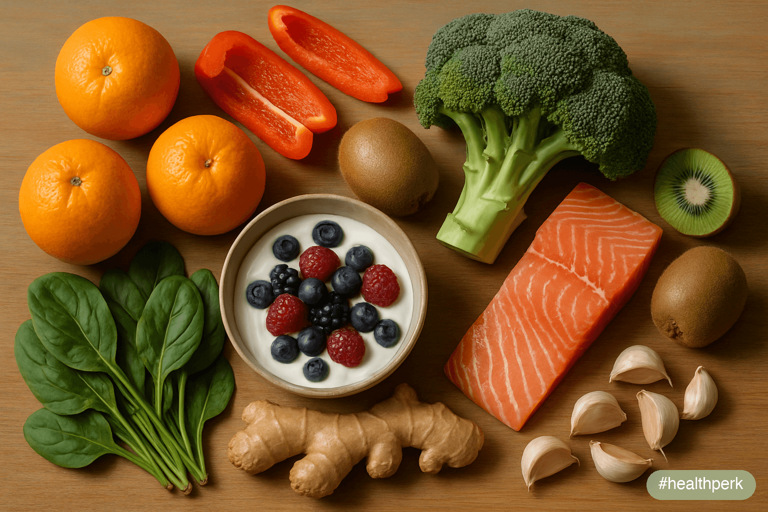 Photo of a wooden table with citrus fruits, red bell peppers, broccoli, kiwi, yogurt with berries, salmon fillet, garlic, ginger, and leafy greens — illustrating foods that boost immune system functio