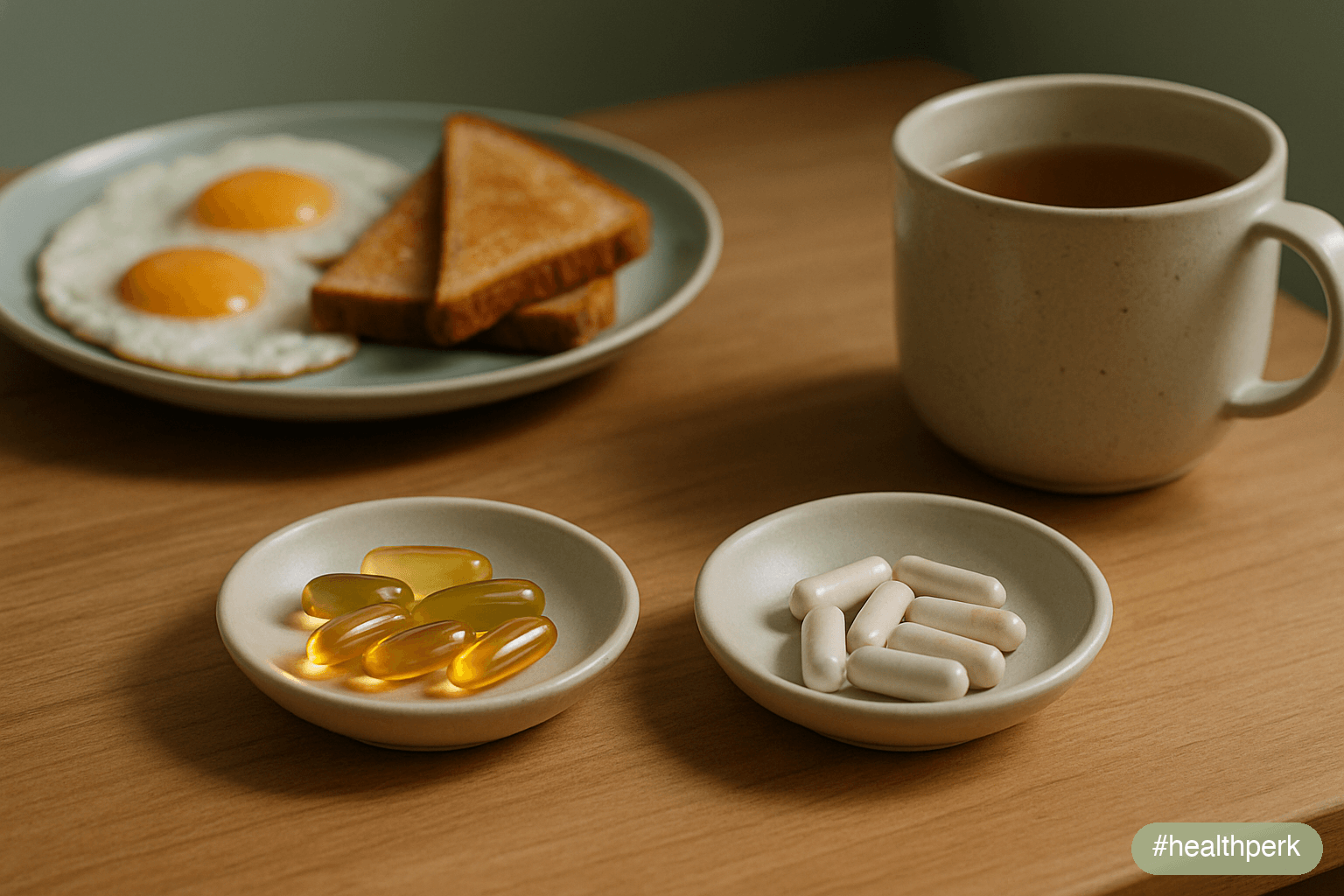 Photo of a wooden tabletop showing two small dishes — one with a morning cluster of vitamin D and omega-3 capsules beside a breakfast plate, the other with an evening cluster of magnesium glycinate be