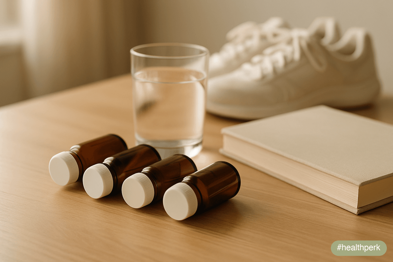 Photo of a wooden tabletop arranged with four small amber supplement bottles, a glass of water, a closed notebook, and a pair of walking shoes in the soft background — a small targeted set of inputs l