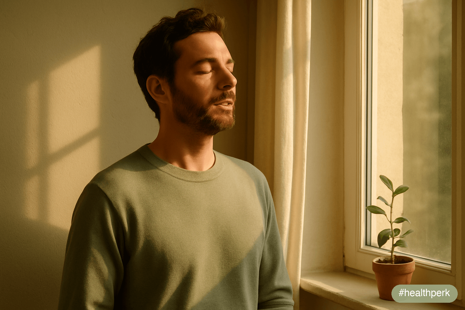 Photo of an adult doing slow nasal breathing at a quiet window with morning light — illustrating stress and immune system recovery through autonomic regulation