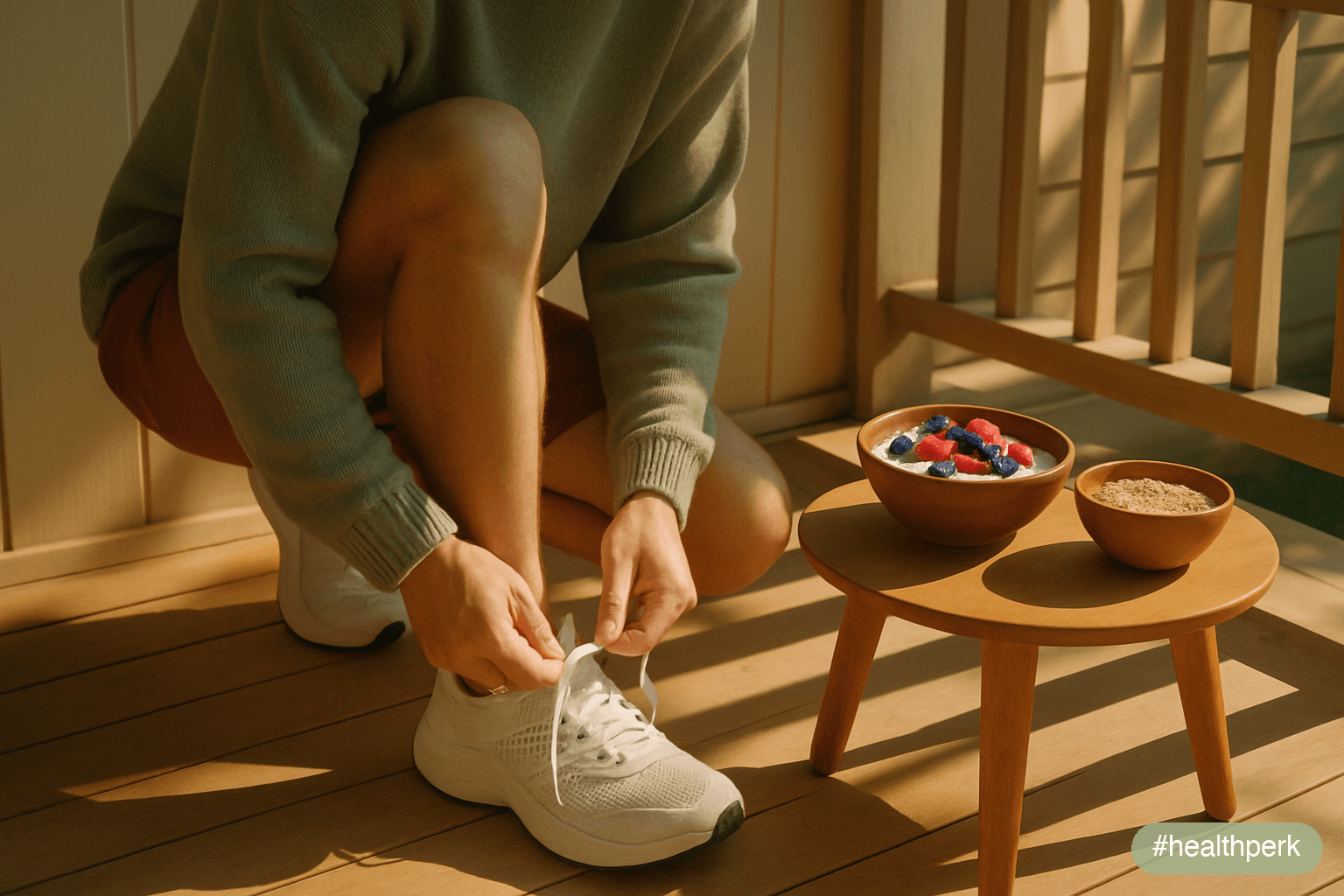 Photo of an adult lacing running shoes on a sunlit porch with a bowl of berries, oats, and yogurt nearby — illustrating how to boost the immune system naturally through everyday habits rather than sup