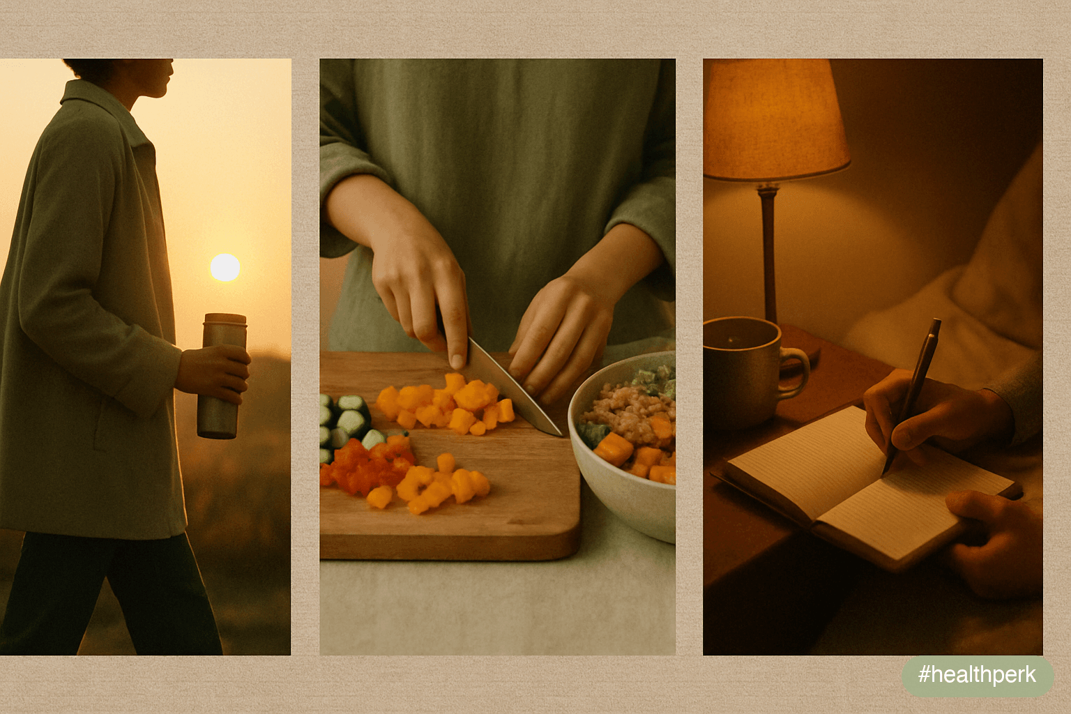 Photo of an adult walking outdoors at dawn with a coffee mug, then later cooking a fiber-rich plate, then journaling before bed — illustrating a daily routine for immunity across the day