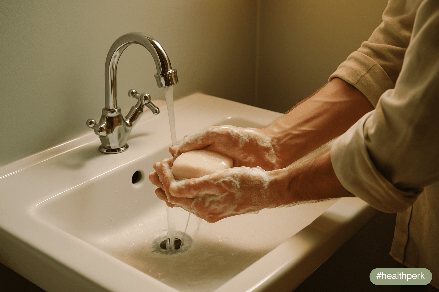 Photo of an adult washing hands at a sink with warm light — illustrating why am I always catching colds through the simple barrier behaviors that interrupt transmission