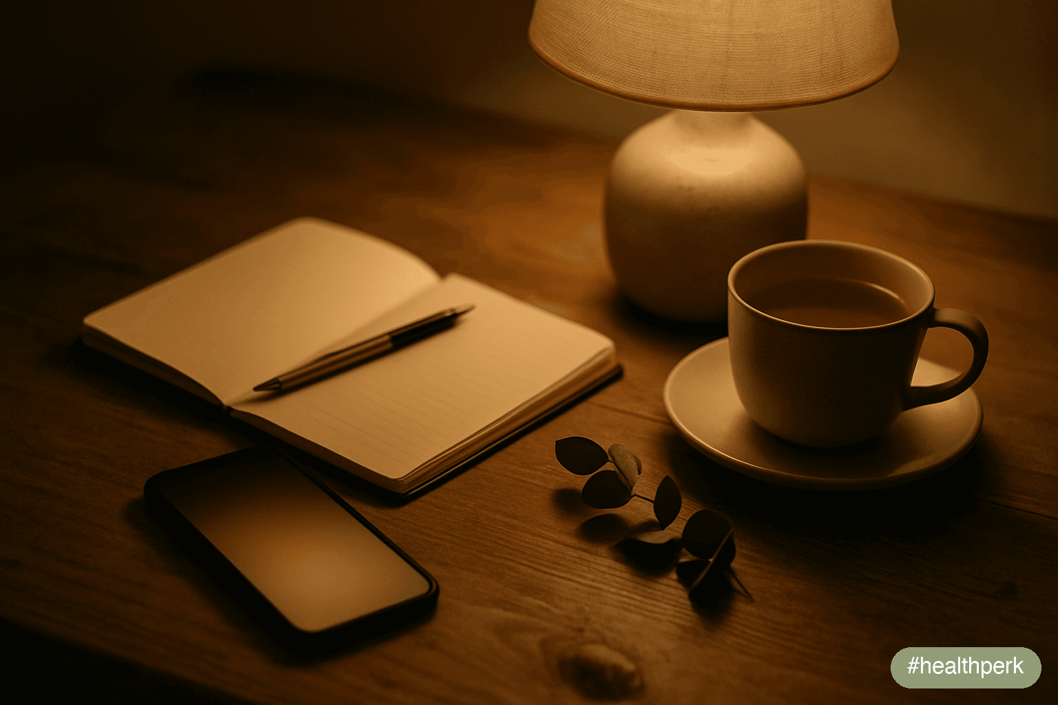 Photo of an evening kitchen table with a phone resting face-up, its screen showing only a soft ambient glow, an open notebook with a pen laid across it, a cup of herbal tea, and dimmed lamp light — a