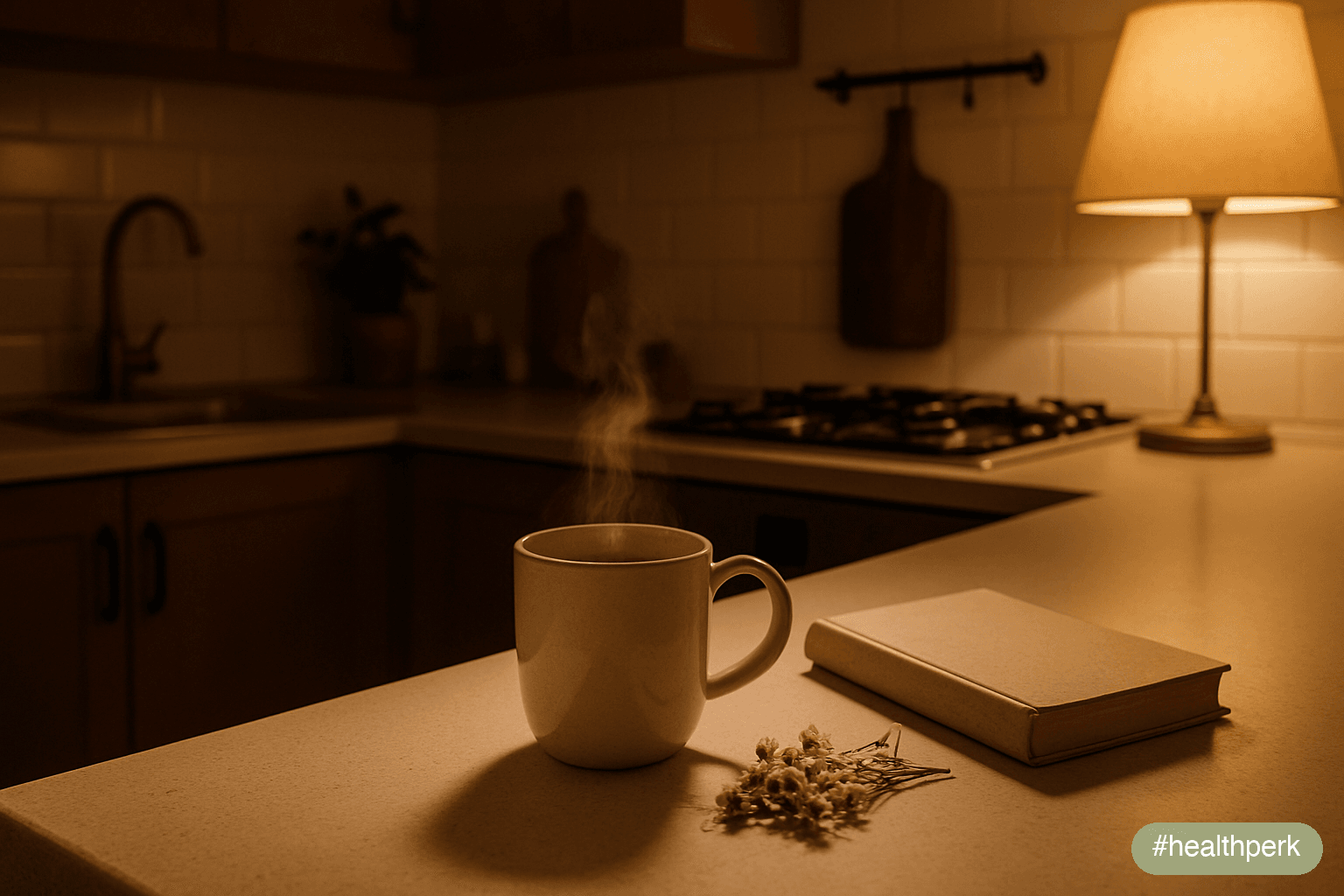 Photo of an evening kitchen scene with a mug of caffeine-free herbal tea, a fiber sachet, and an open journal — illustrating fat burners without caffeine as an option for evening trainers and caffeine
