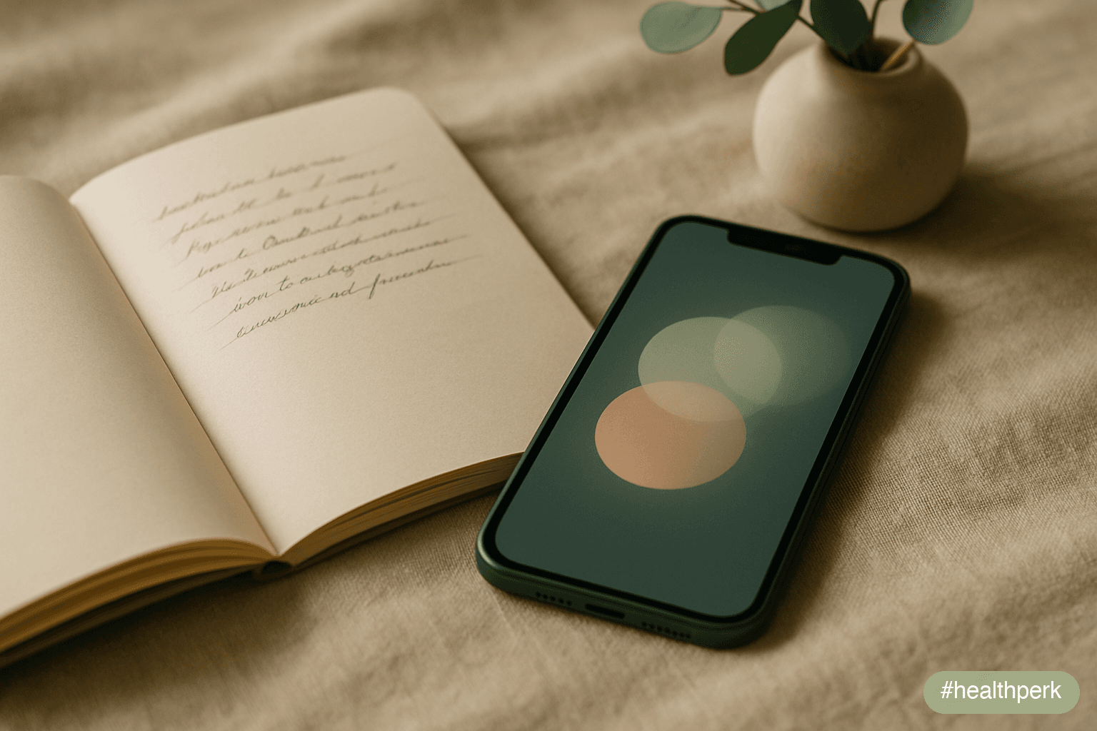 Photo of an open journal with a few lines of illegible handwriting on a warm linen surface, a phone beside it with a softly glowing screen showing abstract coloured circles — no readable text or label