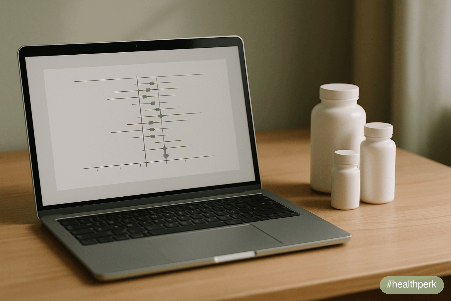 Photo of an open laptop showing a meta-analysis forest plot next to a small set of supplement bottles, illustrating do supplements actually work as a question that meta-analyses can answer with nuance