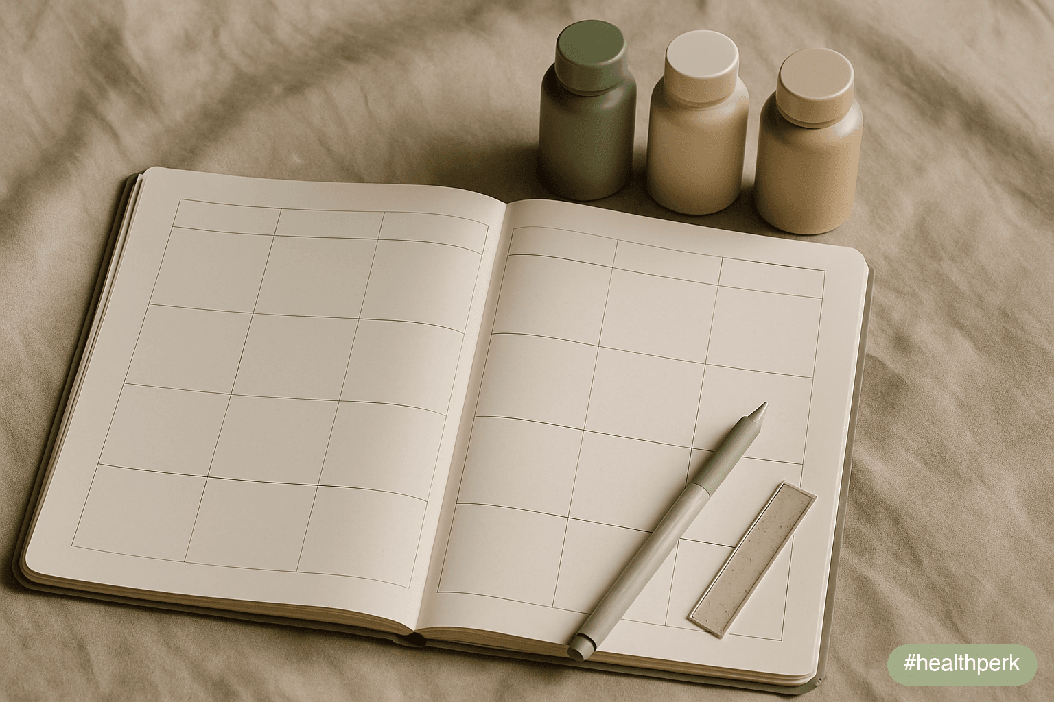 Photo of an open notebook with handwritten week-by-week supplement plan and a small set of supplement bottles arranged beside it, illustrating a supplements for beginners guide as a structured 90-day