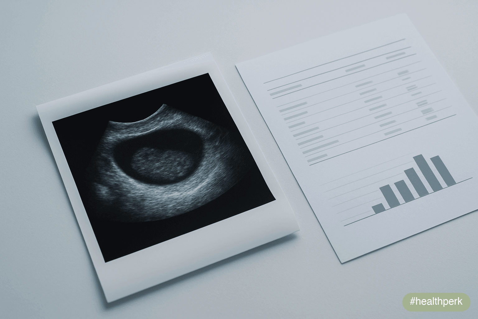Photo of an ultrasound image of polycystic ovaries beside a lab printout showing elevated testosterone and low SHBG — illustrating PCOS weight gain causes as a defined clinical syndrome with measurabl