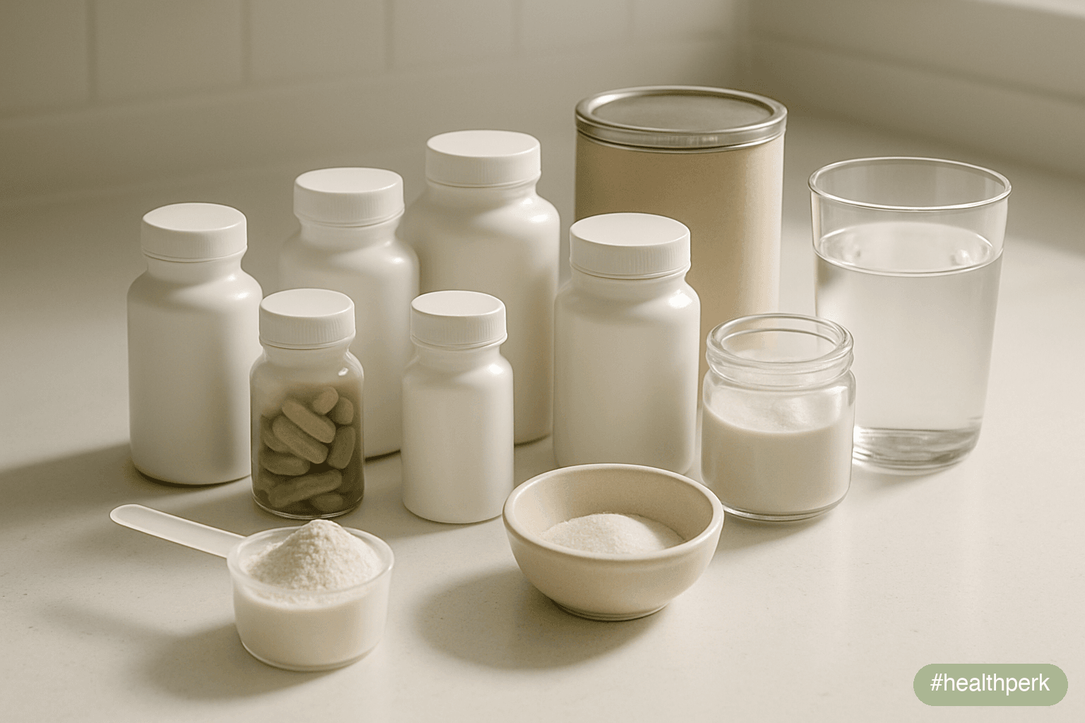 Photo of a small collection of evidence-based supplements — whey protein, creatine, caffeine pills, green tea extract capsules, vitamin D, magnesium, fiber powder, and a glass of water — labeled as su