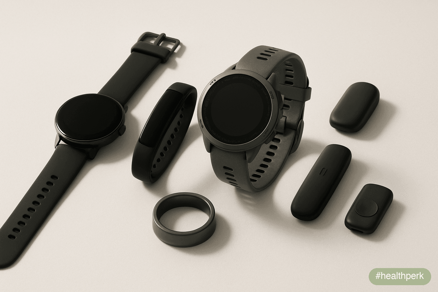 Photo of a side-by-side display of an Apple Watch Series 10, Fitbit Charge 6, Garmin Forerunner, Whoop 5.0 band, Oura Ring Gen 4, Amazfit, and Mi Band 9 — illustrating fitness trackers for fat loss ac