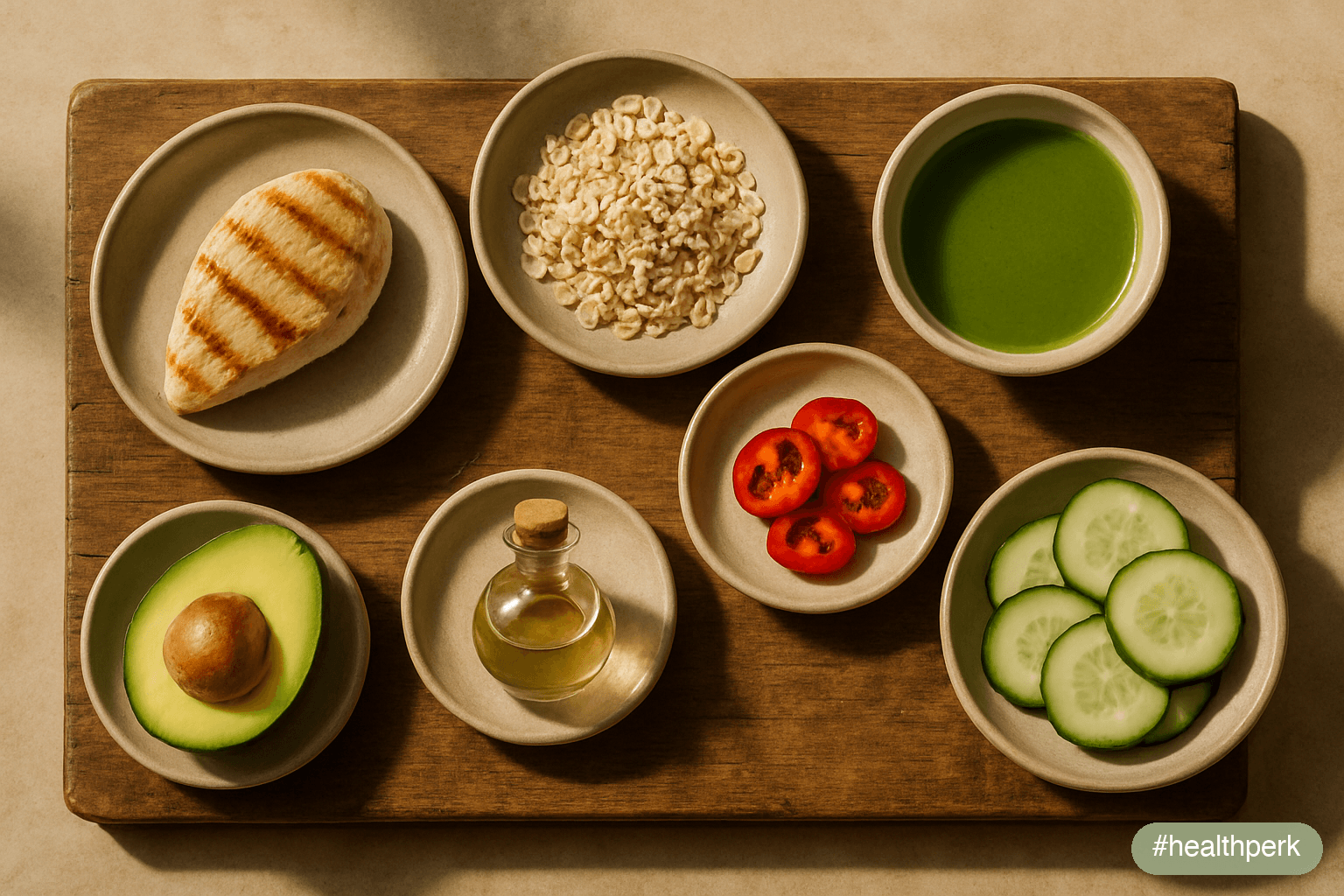 Photo of seven labeled small plates on a wooden board — high-protein, soluble fiber, green tea/matcha, capsaicin/chili, MUFA, vinegar, water-rich vegetables — illustrating the credible foods that burn