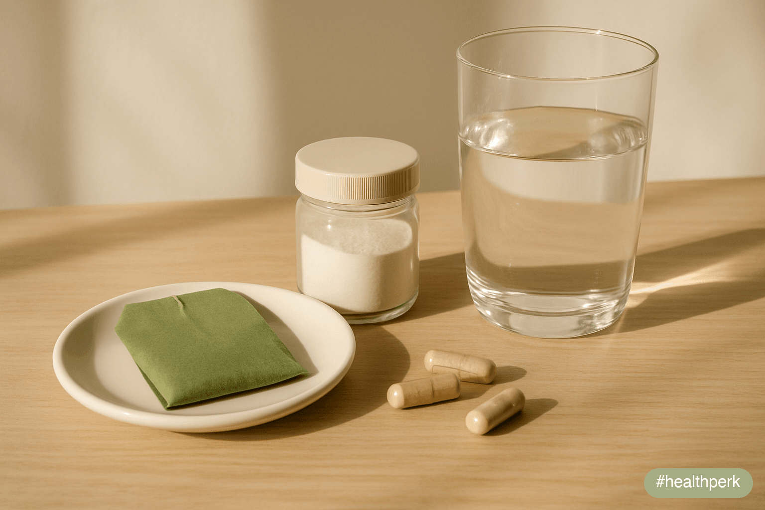 Photo of a small set of jars on a wood surface — a green tea sachet, a fiber powder, capsules, a glass of water — soft daylight — illustrating supplements for belly fat reduction as small additional l