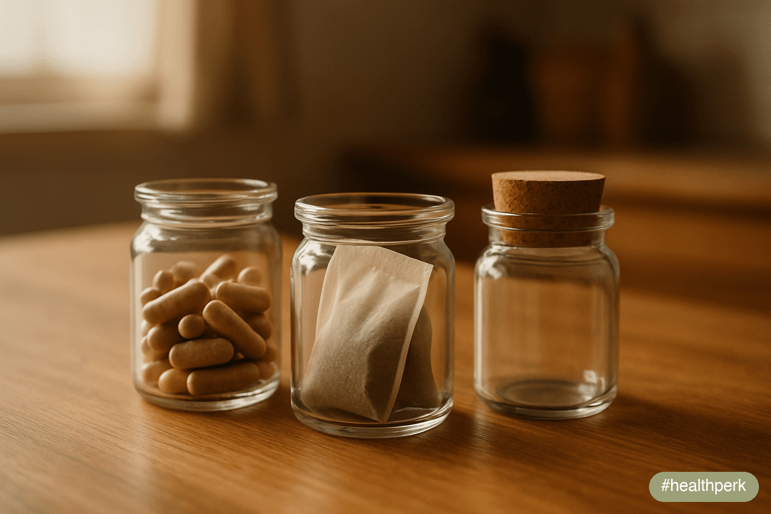 Photo of three small jars on a wood surface — capsules, a tea sachet, a label visible — soft kitchen light — illustrating supplements for metabolism boost as a small additional lever rather than a pri