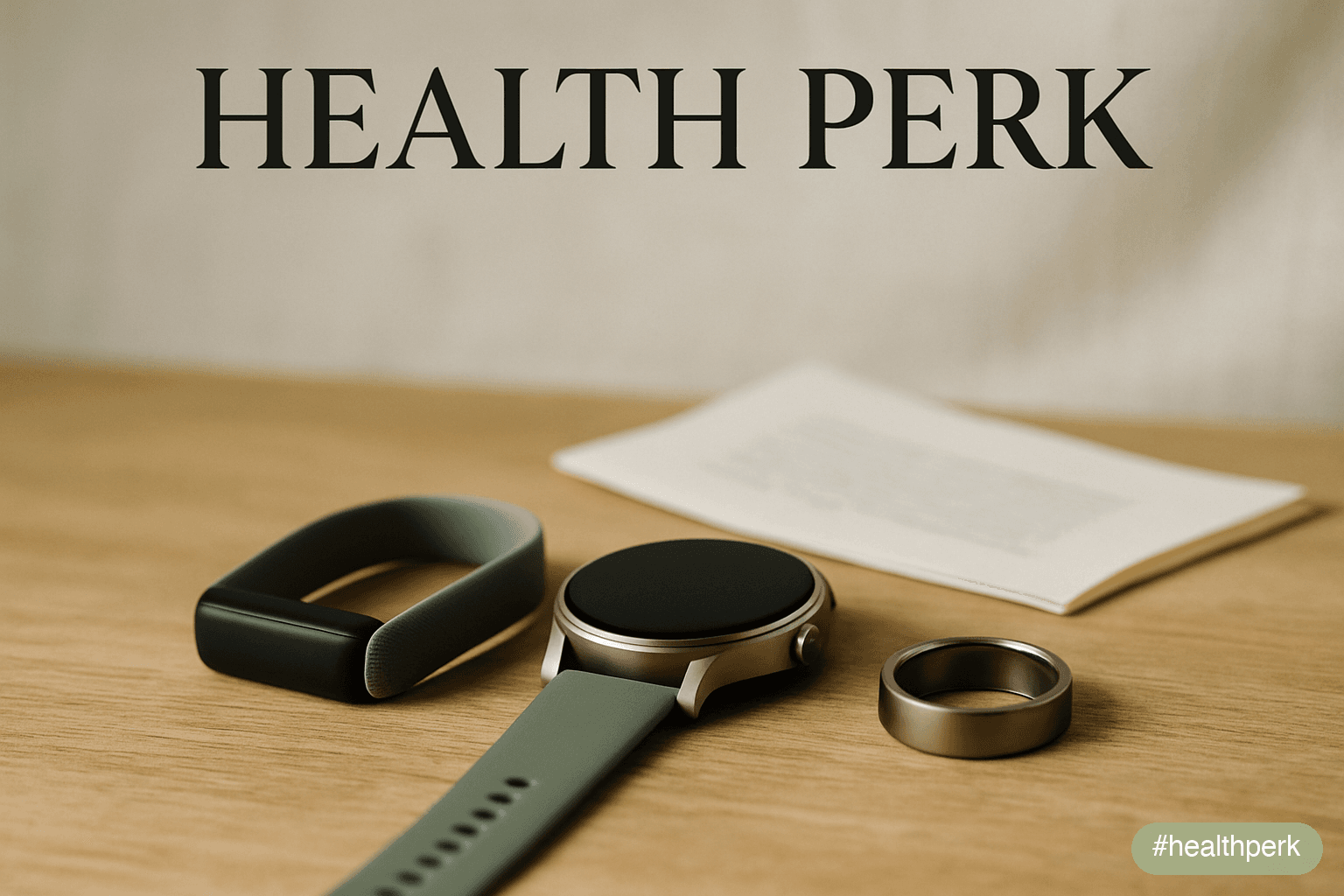 Photo of three wearables side by side on an aged oak surface — a slim activity band, a mid-tier smartwatch, and a thin finger ring — each resting with its screen dark or facing down, a folded paper be