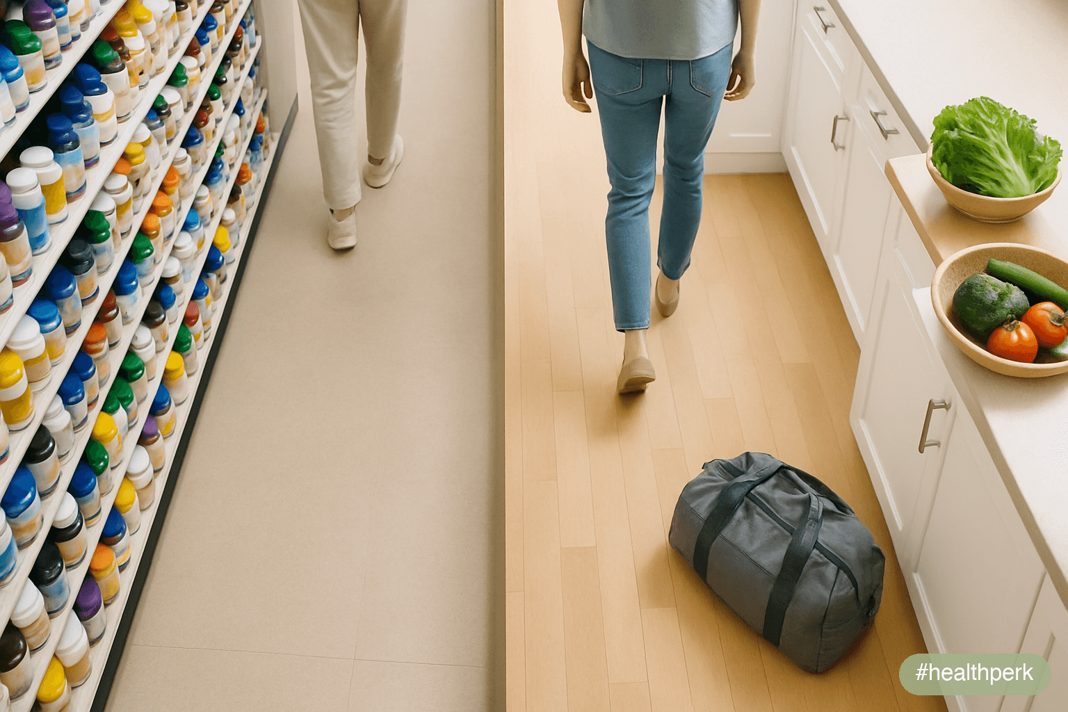 Photo of two parallel paths through a park — one labeled "supplement aisle" with shelves of bottles, one labeled "kitchen + gym" with vegetables and a barbell — illustrating fat burners vs natural wei