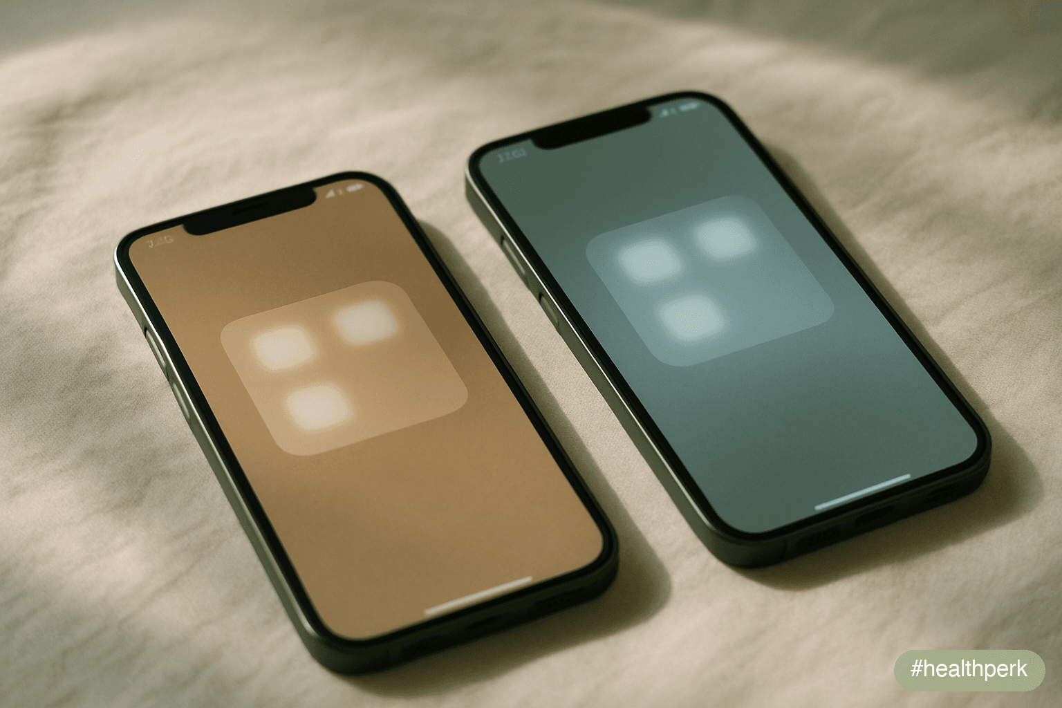 Photo of two phones side by side on a linen surface — one with a warm-toned home screen, one with a cool-toned one — each showing a single soft folder glow with indistinct icon shapes, no readable lab