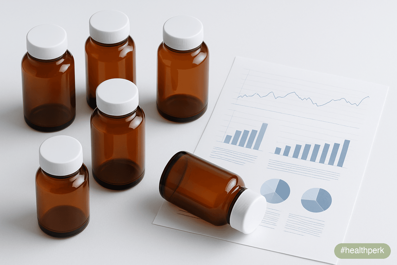 Photo of vitamin bottles arranged with a lab test result printout and a glass of water, daylight kitchen — illustrating best vitamins for weight loss as a deficiency-correction strategy rather than a