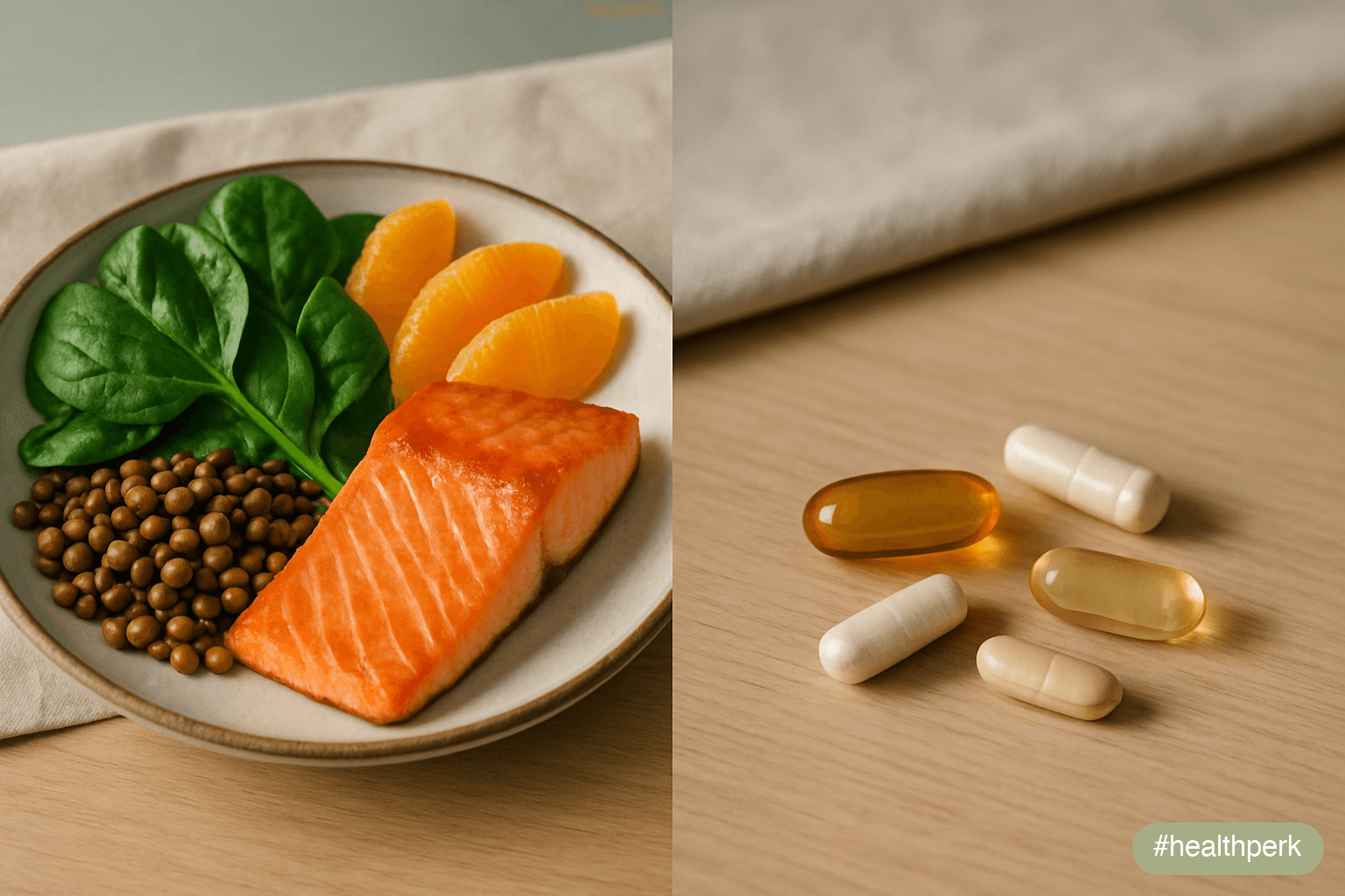Photo split-screen with a whole-food plate on one side (salmon, spinach, lentils, oranges) and a small set of supplement capsules on the other, illustrating food vs supplements nutrients as complement