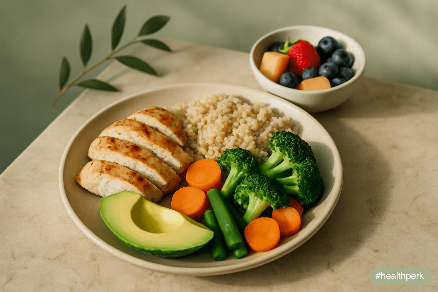 Top-down photo of a balanced plate divided into thirds: lean protein, complex carbohydrate, non-starchy vegetables, with healthy fat and a side of fruit — illustrating what to eat for energy all day.