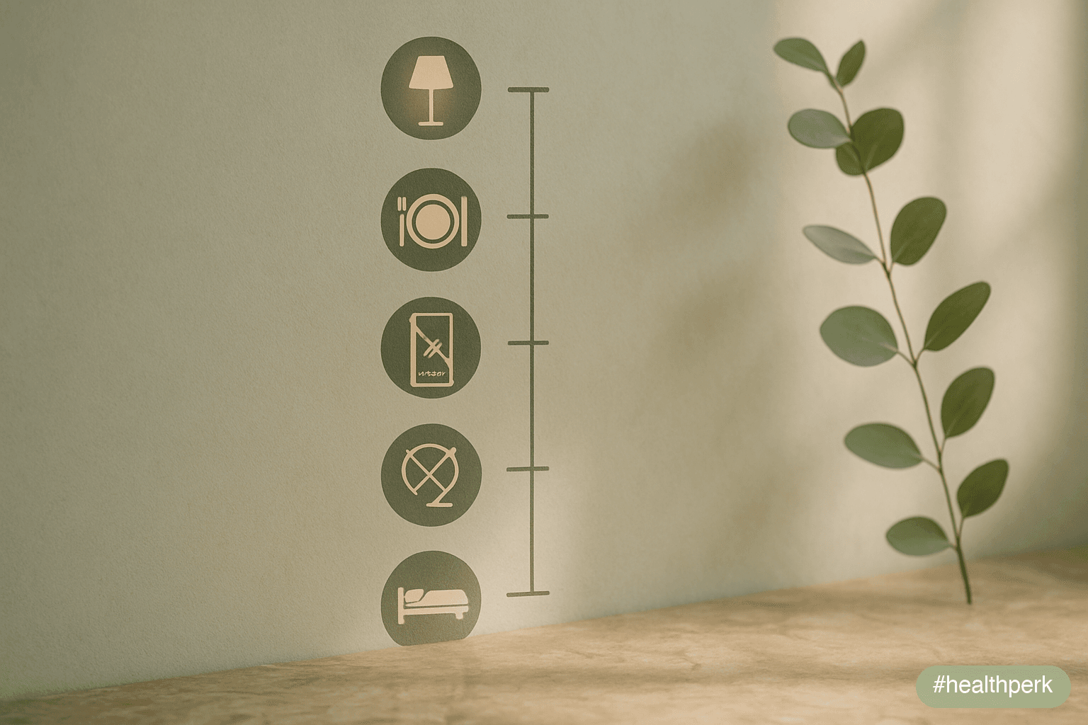 Vertical timeline showing 3-hour pre-sleep window: dim warm lighting, lighter earlier dinner, screen brightness down, no alcohol close to bed, warm shower, cool dark bedroom — illustrating best sleep habits for energy.
