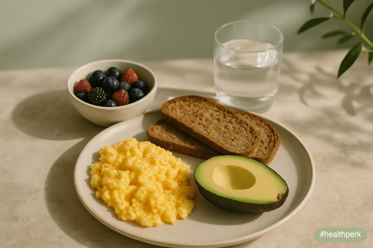 Top-down photo of a plate with three scrambled eggs, half an avocado, two slices of whole-grain toast, a small bowl of mixed berries, and a glass of water — illustrating the best breakfast for energy.