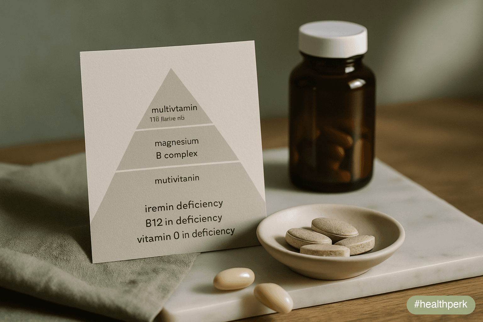 Pyramid diagram with strongest evidence at base (iron in deficiency, B12 in deficiency, vitamin D in deficiency), middle tier (magnesium, B-complex in low intake), top tier (multivitamin in unselected adults) — illustrating the best vitamins for tiredness.