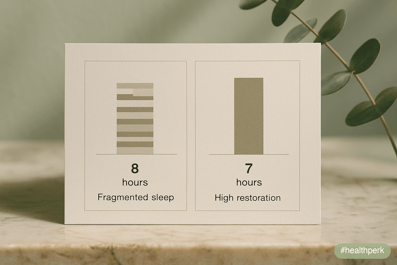 Two-panel diagram: left panel shows 8 hours of fragmented, shallow sleep with low restoration; right panel shows 7 hours of consolidated deep/REM sleep with high restoration — illustrating that more time in bed does not equal more recovery.
