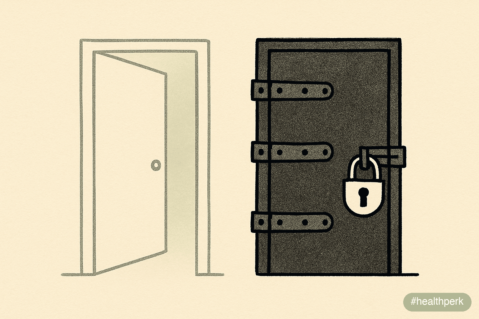 Illustration of two doors - one labeled soft nudge with a faint outline, one labeled hard cutoff with bolted locks - illustrating apps to block distractions as the difference between optional and stru