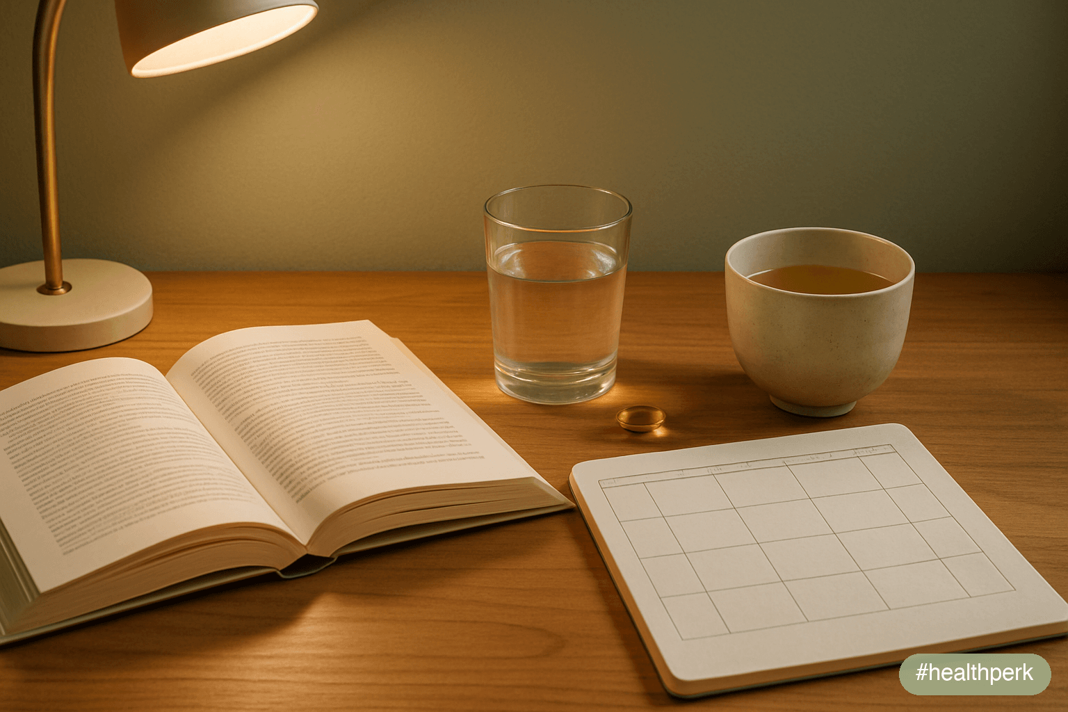 Photo of a student desk with a textbook open to a study chapter, a glass of water, a small fish oil capsule and a cup of green tea, with a notebook showing a study schedule, illustrating supplements f