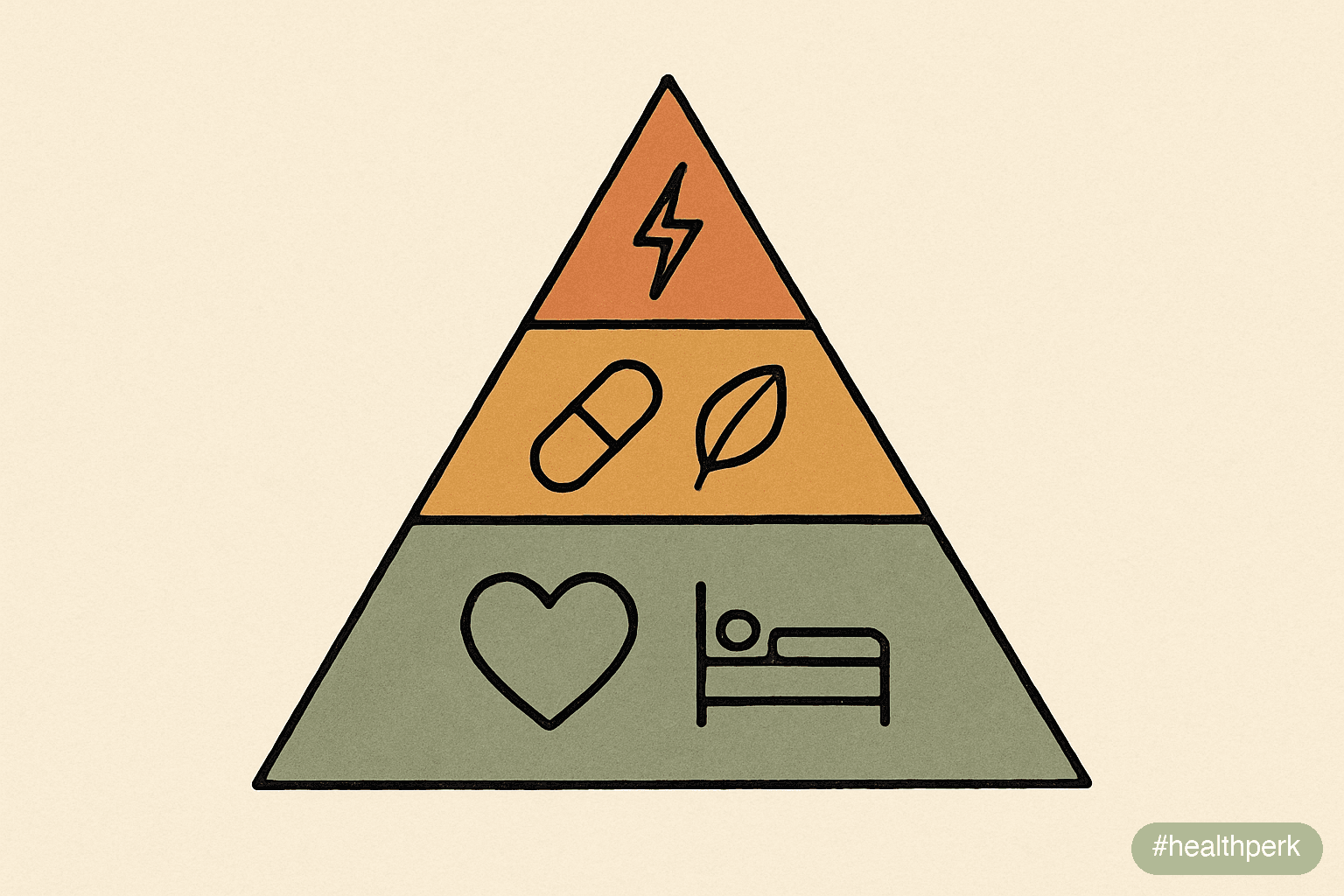 Illustration of a tiered pyramid with deficiency correction at the base, evidence-backed daily supplements in the middle tier, and acute-use compounds at the top, illustrating best supplements for foc