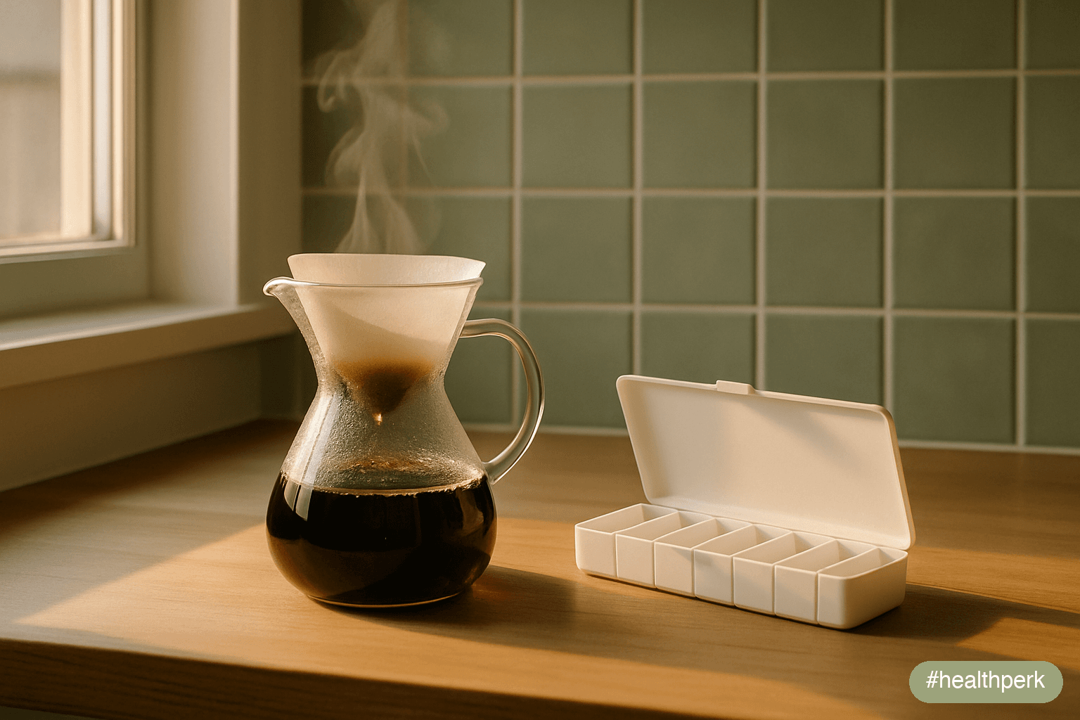 Photo of a steaming cup of pour-over coffee on the left and a small white pill organizer with labeled compartments on the right, with an arrow between them representing choice, illustrating supplement
