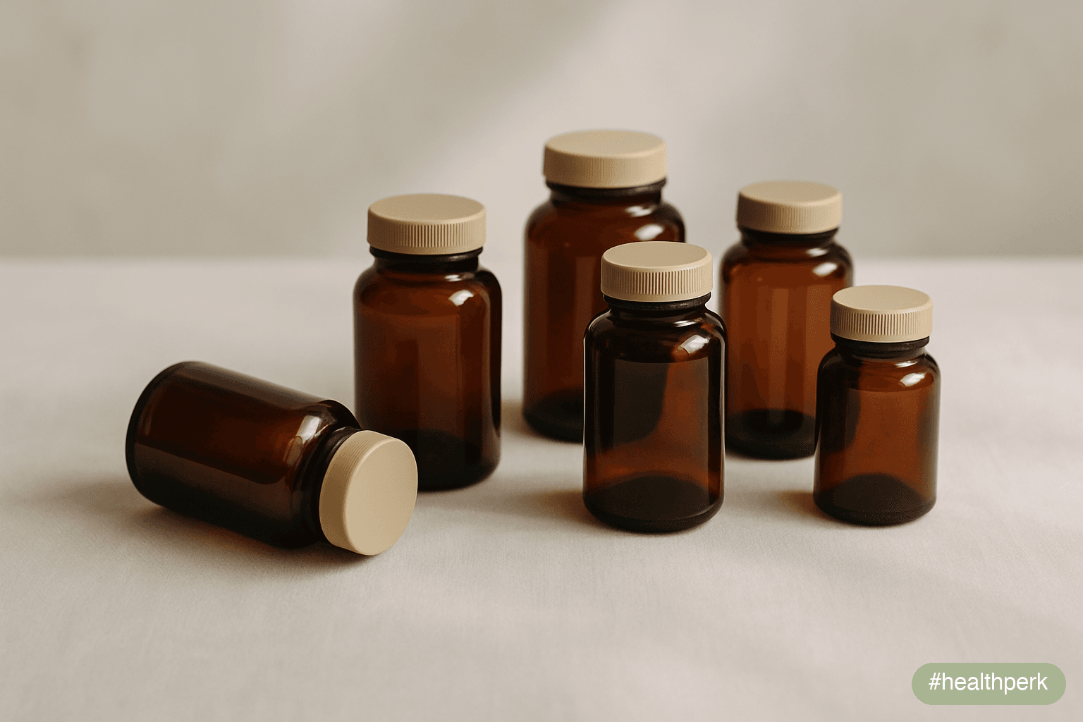 Three small groups of supplement bottles arranged on a pale surface in a triangular formation — four bottles at the base, three in the middle, two at the apex — the physical shape of a hierarchy of ev
