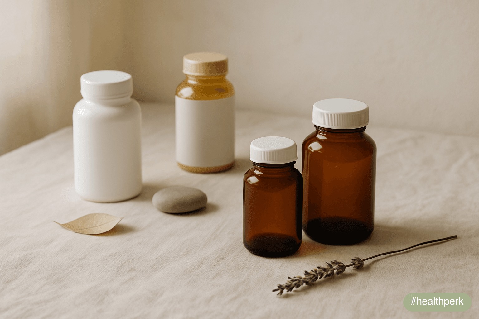 Three small groups of supplement bottles arranged on a linen surface in a loose triangular formation — four bottles clustered at the base, two in the middle, one alone at the apex — suggesting a hiera