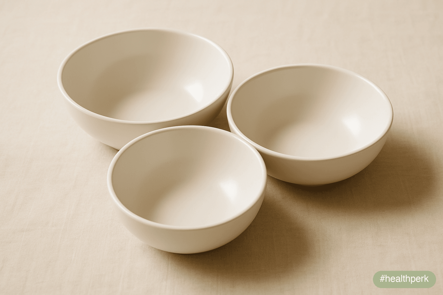 Three smooth ceramic bowls of slightly different sizes arranged on a linen surface with their rims slightly overlapping in the centre — the physical suggestion of three intersecting domains meeting at