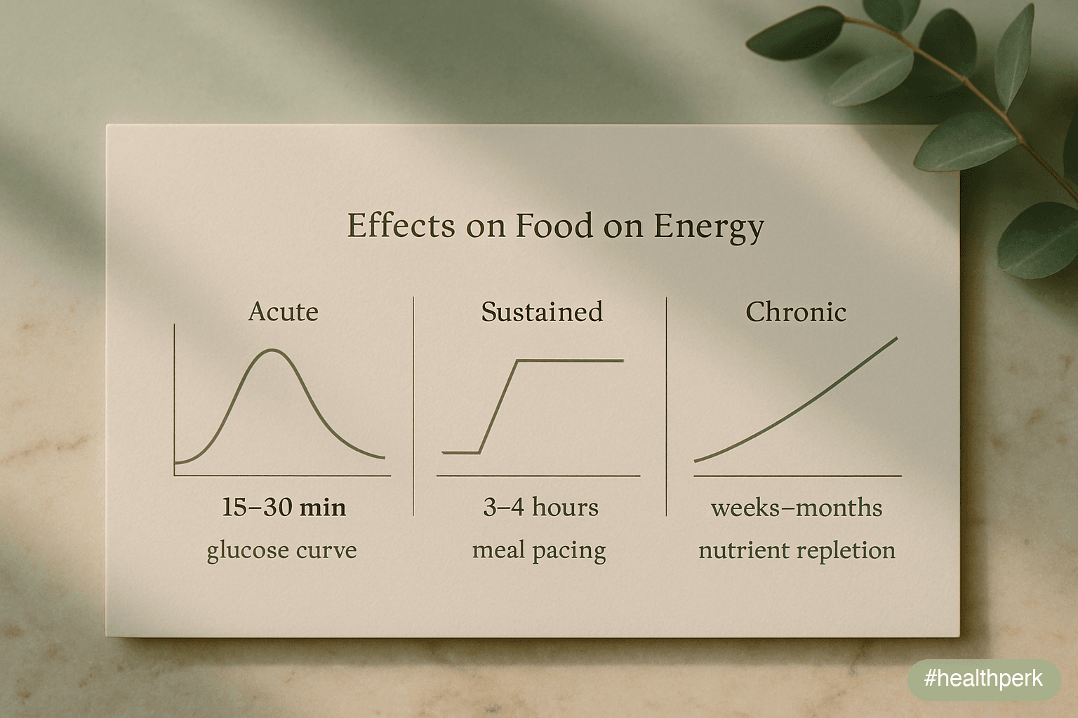 Horizontal three-panel diagram showing acute (15–30 min, glucose curve), sustained (3–4 h, meal pacing), and chronic (weeks–months, nutrient repletion) effects of food on energy — illustrating that energy from food operates on multiple timescales.