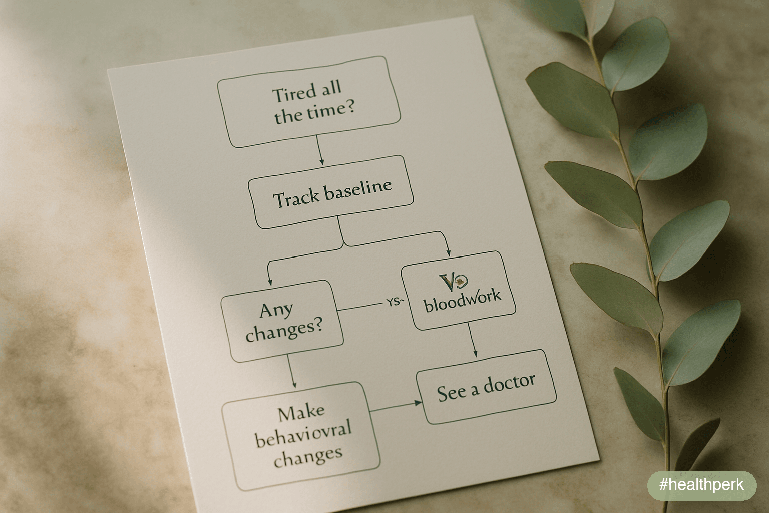 Stepwise flowchart from baseline tracking → behavioral fixes → bloodwork → medical evaluation, with branches at each decision point — illustrating how to stop feeling tired all the time.