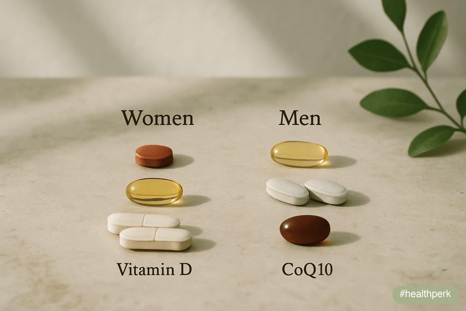 Two columns labeled Women and Men showing distinct priority items (iron, vitamin D, magnesium for women; vitamin D, zinc, CoQ10 for men) — illustrating sex-specific supplement priorities.