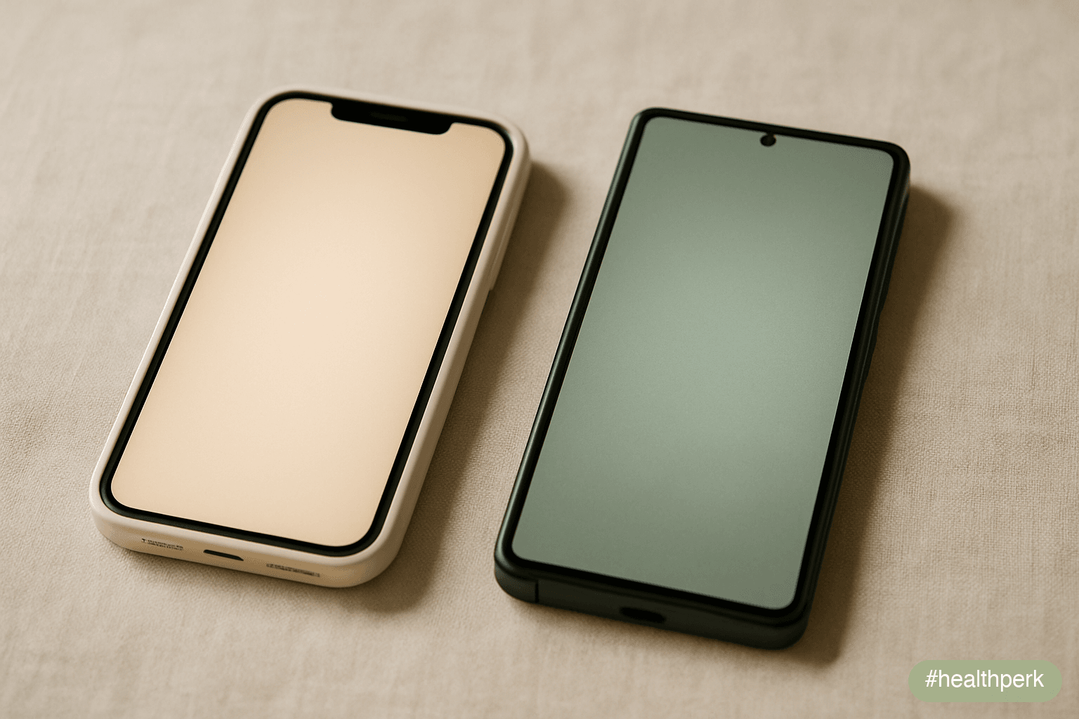 Two phones side by side on a linen surface — one with a warm cream home screen, one with a soft sage-toned one — both screens showing only a gentle abstract glow, no visible UI or app names, the paral