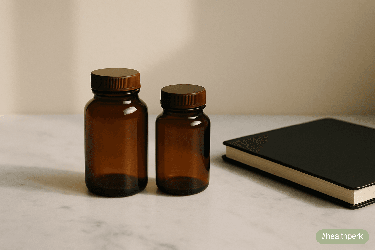 Two small supplement bottles placed side by side on a marble surface, one slightly taller, both unlabeled — a closed notebook beside them and soft directional light — the quiet, considered setup of a