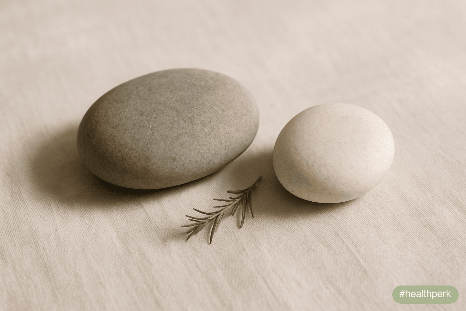 Two smooth stones of noticeably different sizes placed side by side on a pale linen surface — the smaller one half-covered, fixed in place; the larger one open and accessible — suggesting what is immo