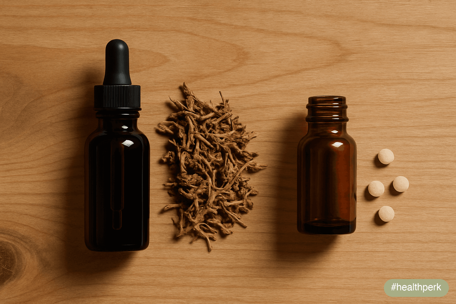 side-by-side of valerian root tincture and melatonin tablets