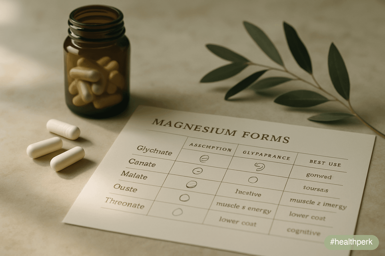 Visual table comparing magnesium glycinate, citrate, malate, oxide, and threonate by absorption, GI tolerance, and best use — illustrating magnesium for energy levels.