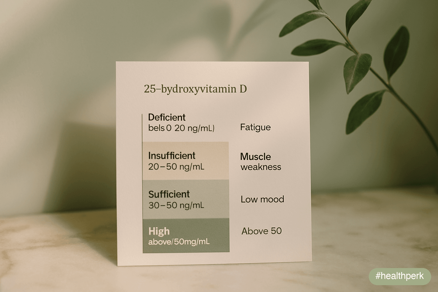 Bar chart showing 25-hydroxyvitamin D ranges: deficient (<20 ng/mL), insufficient (20–30 ng/mL), sufficient (30–50 ng/mL), and high (>50 ng/mL), with shaded zones and typical symptoms beside each — illustrating low vitamin D fatigue symptoms.