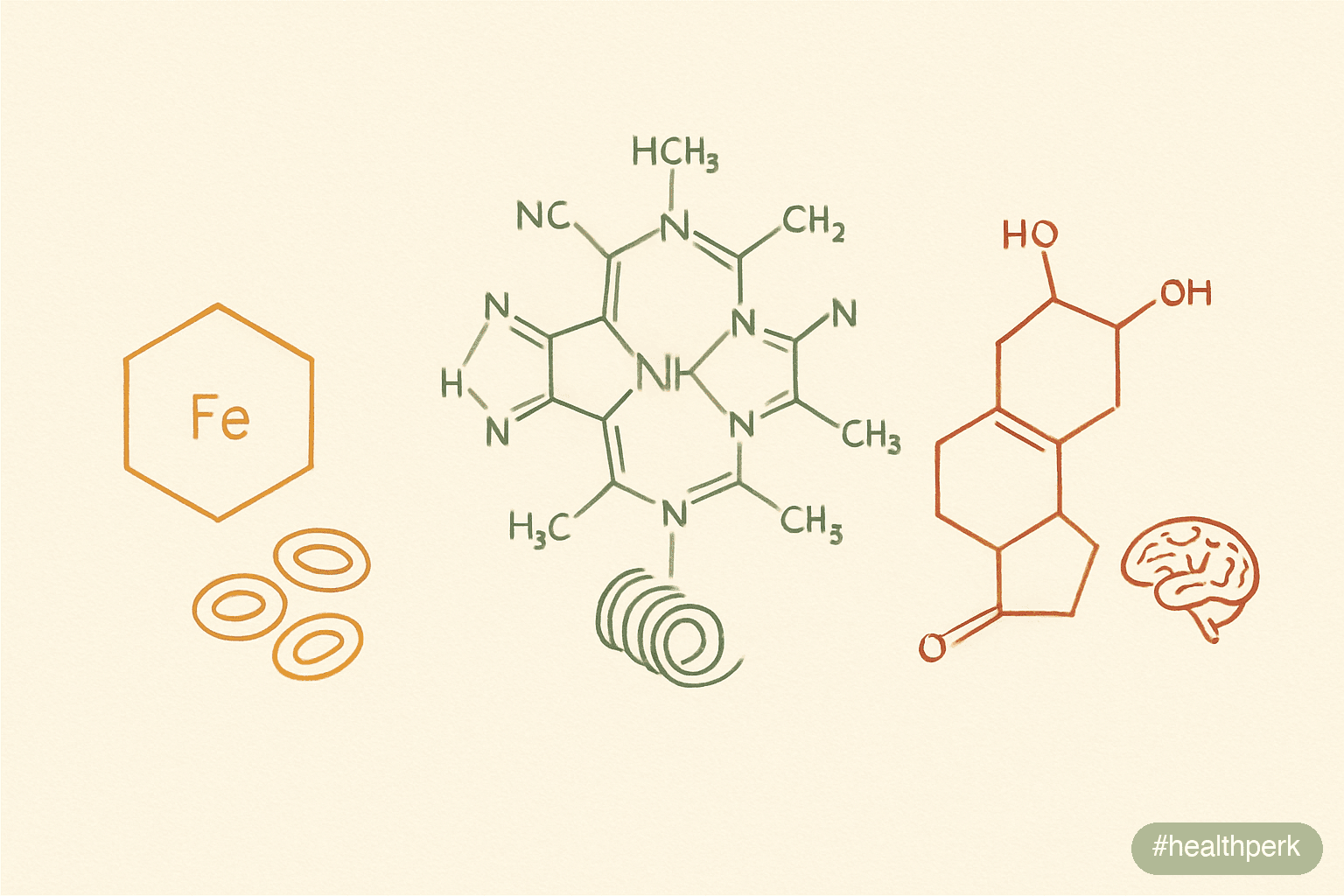 Illustration of an iron molecule, a B12 molecule, and a vitamin D molecule alongside small icons of red blood cells, myelin sheaths, and a brain receptor, illustrating vitamins for memory and focus th